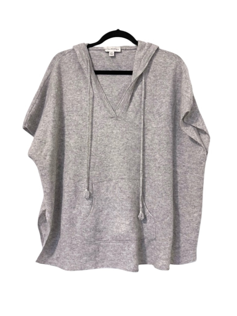 White + Warren Hooded Short Sleeve Poncho Sweater Tassels Medium Large Gray